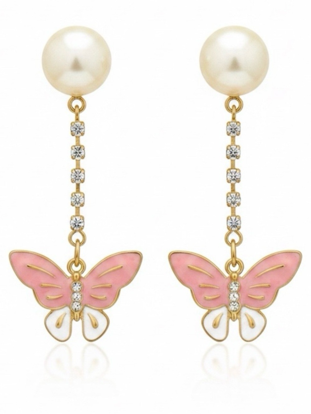 Betsey Johnson Pink and White Butterfly Pearl Drop Earrings - Gold Tone